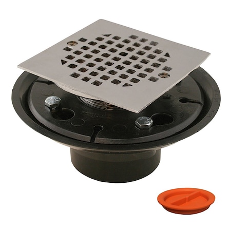 Jones Stephens 2inX3in ABS Shower Drain with 2in Brass Spud and 4in Square Chrome Plated Strainer with Test Plug D50162TP